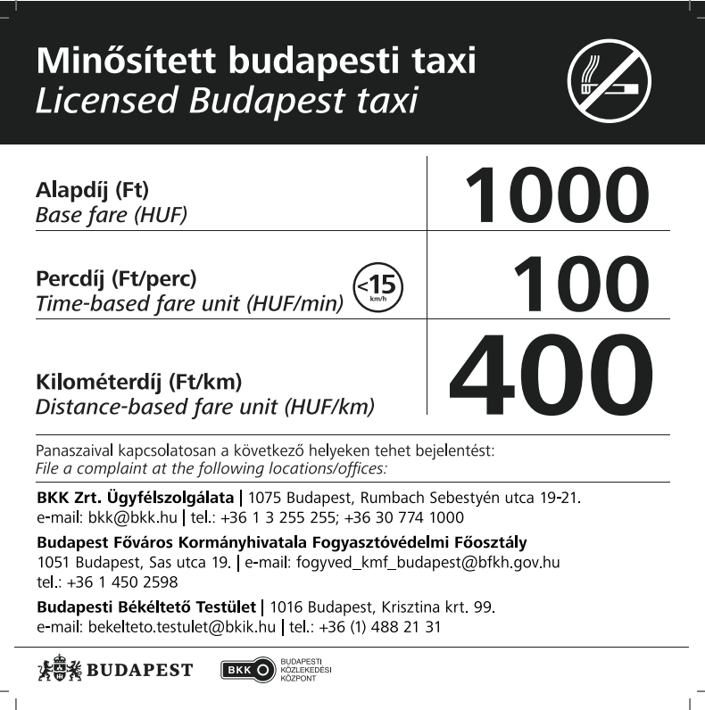Best Taxi tarifa, viteldíj Budapesten, hatóság által rögzített árak.